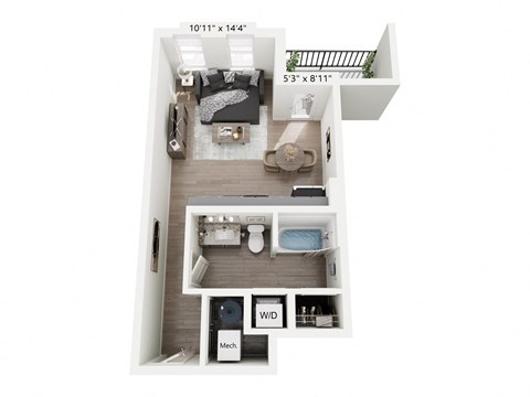 Jade studio apartment at Nook Nine in Indianapolis, IN 46240, featuring a contemporary open design, stylish kitchen with custom cabinetry, private balcony, walk-in closet, and in-unit washer/dryer, ideal for urban convenience near Keystone at the Crossing.